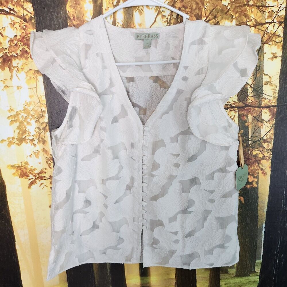 Rye Grass Womens Small White Textured Blouse w/ Ruffle Hem Sleeves Sheer Fabric - Picture 2 of 8